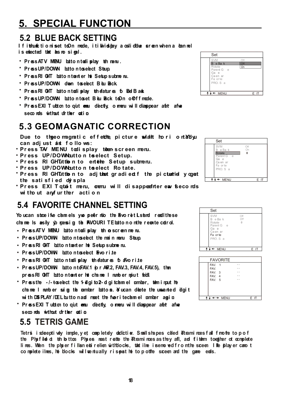 Teac CT-W32ID owner manual Blue Back Setting, Geomagnatic Correction, Favorite Channel Setting 