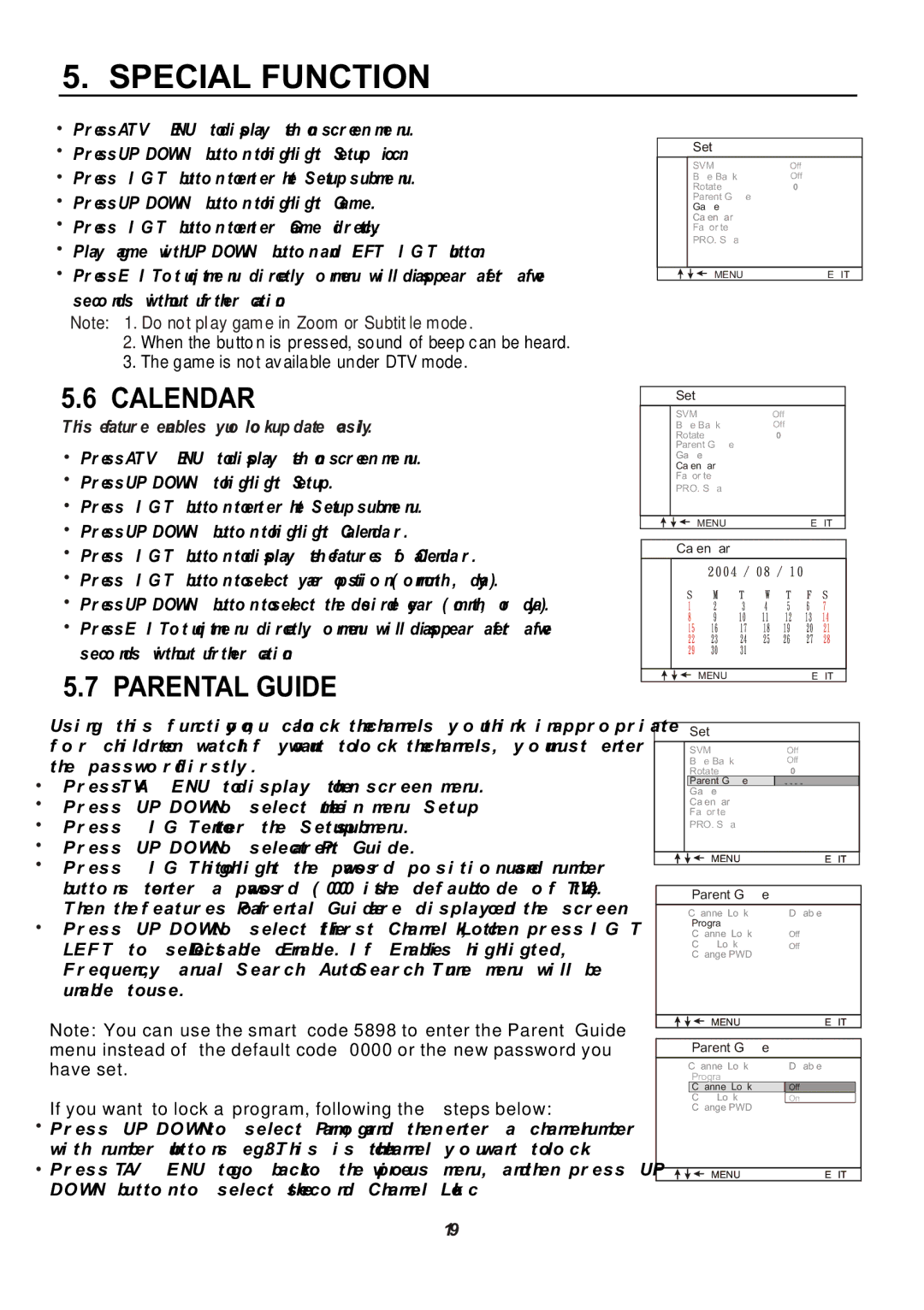 Teac CT-W32ID owner manual Calendar, Parental Guide 