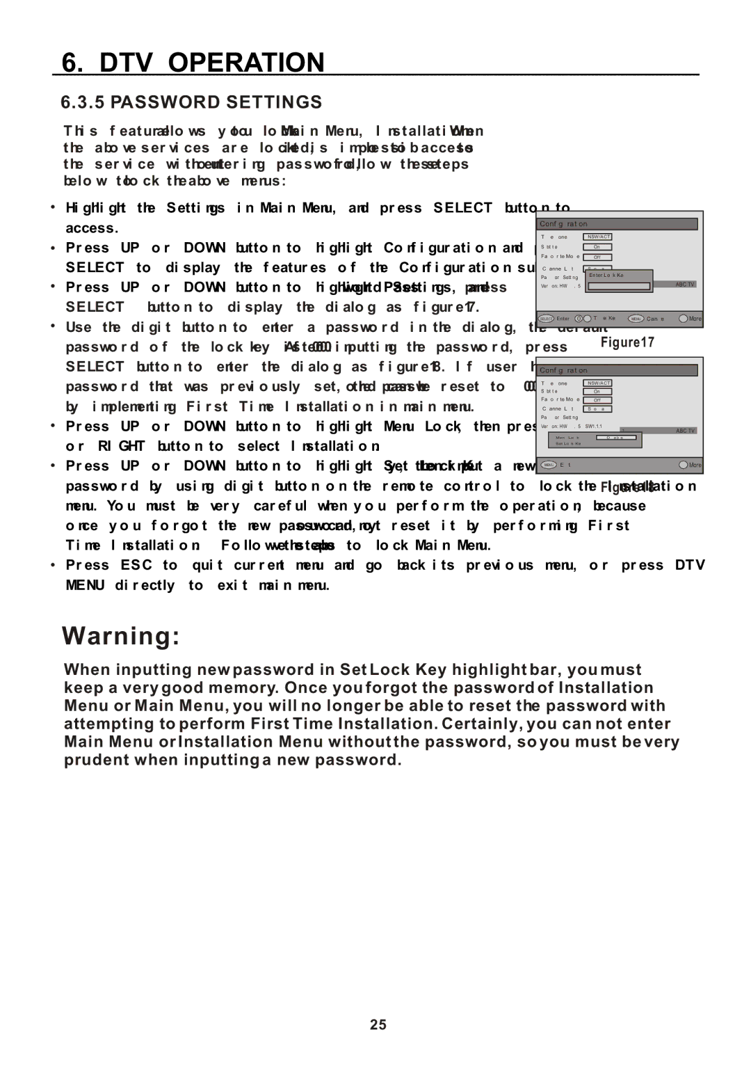 Teac CT-W32ID owner manual Password Settings, Time Installation. Follow the above steps to lock Main Menu 