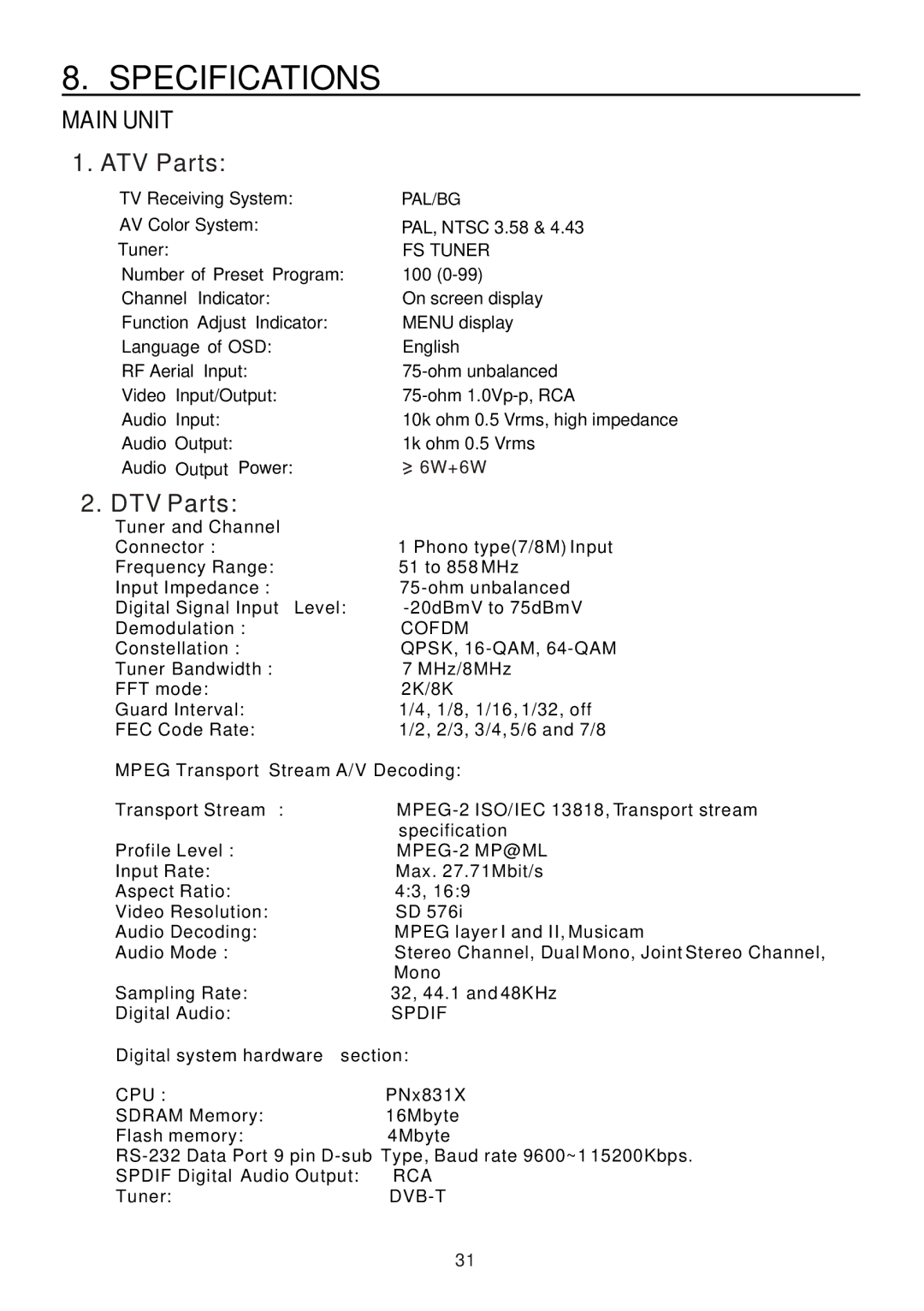 Teac CT-W32ID owner manual Specifications, Main Unit 