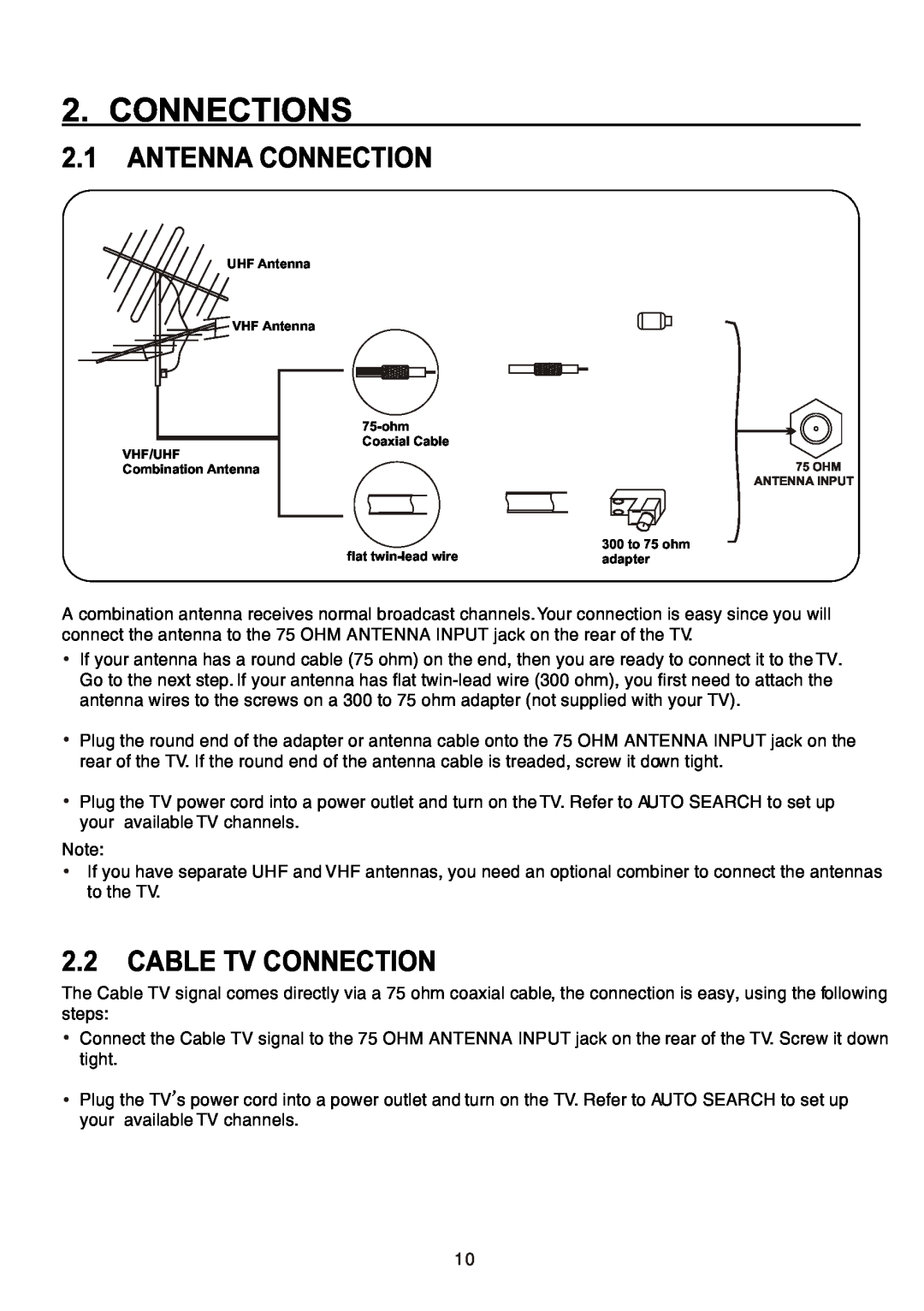 Teac CT-W32ID owner manual Connections, Antenna Connection, Cable Tv Connection 