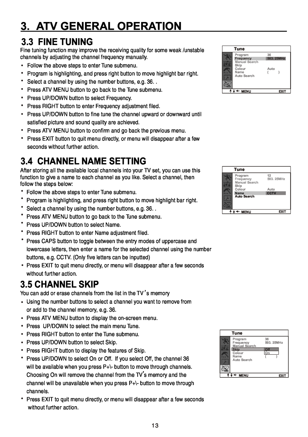 Teac CT-W32ID owner manual Fine Tuning, Channel Name Setting, Channel Skip, Atv General Operation 