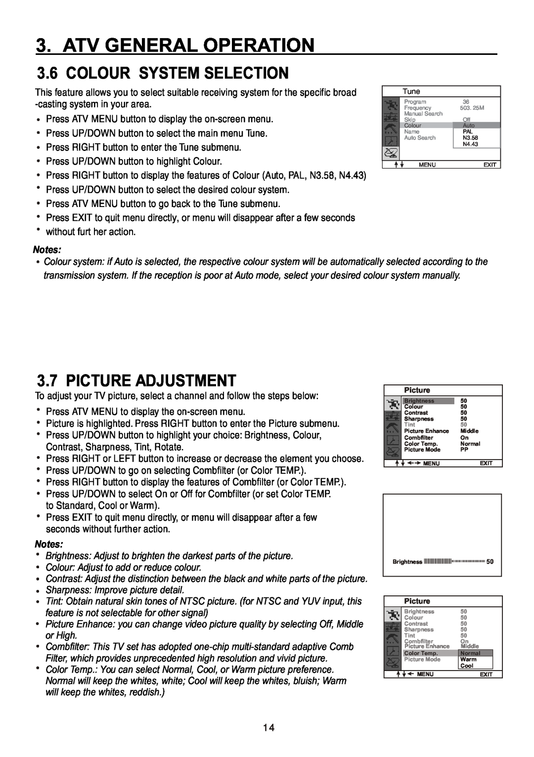 Teac CT-W32ID Colour System Selection, Picture Adjustment, Brightness Adjust to brighten the darkest parts of the picture 