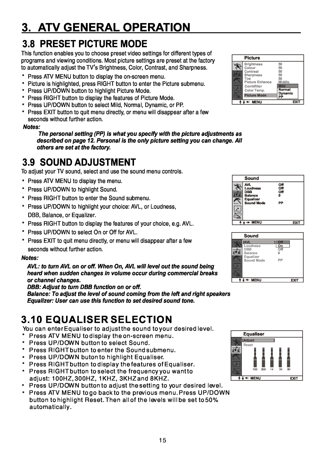 Teac CT-W32ID owner manual Preset Picture Mode, Sound Adjustment, Equaliser Selection, Atv General Operation 