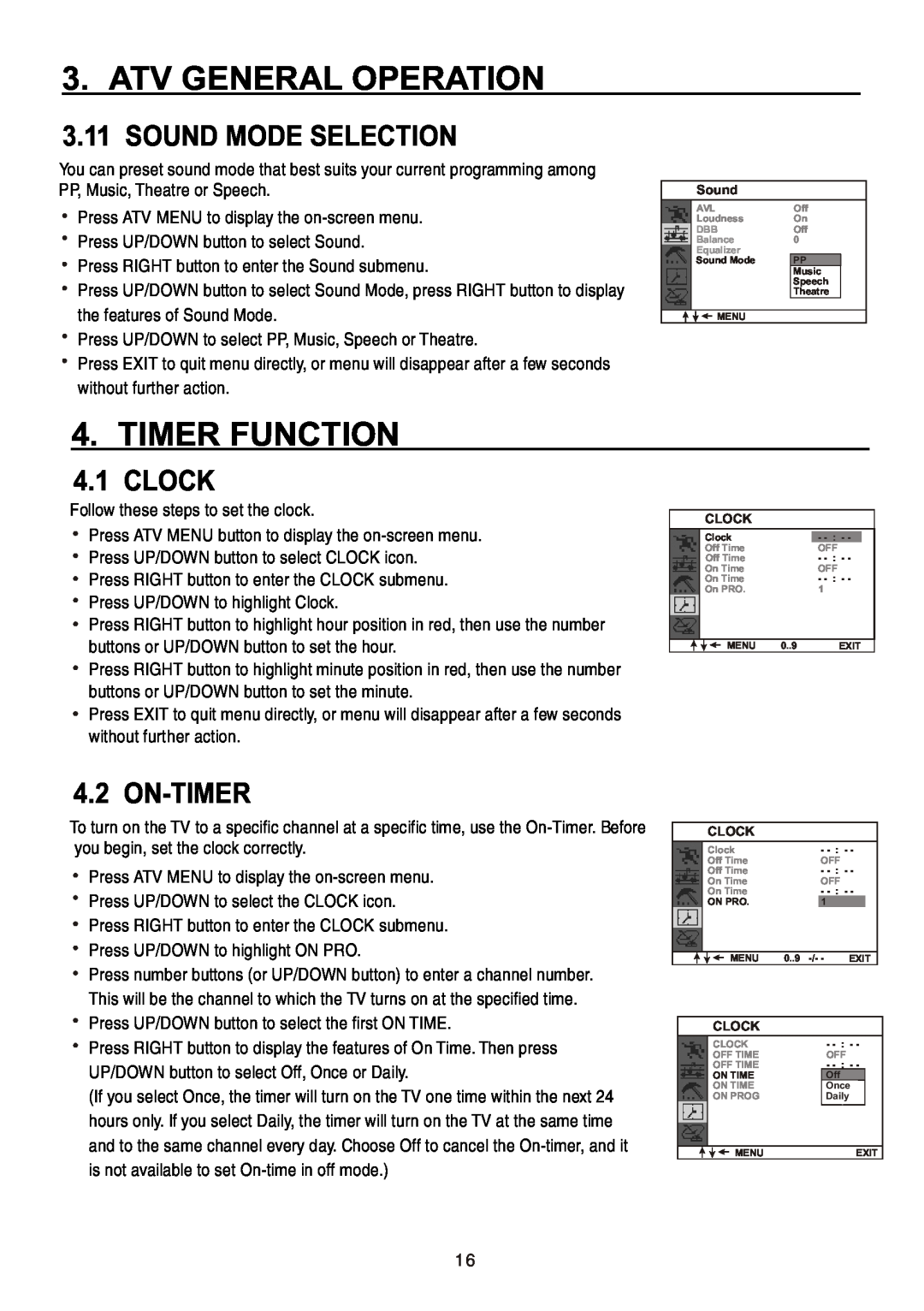 Teac CT-W32ID owner manual Timer Function, Sound Mode Selection, Clock, On-Timer, Atv General Operation 