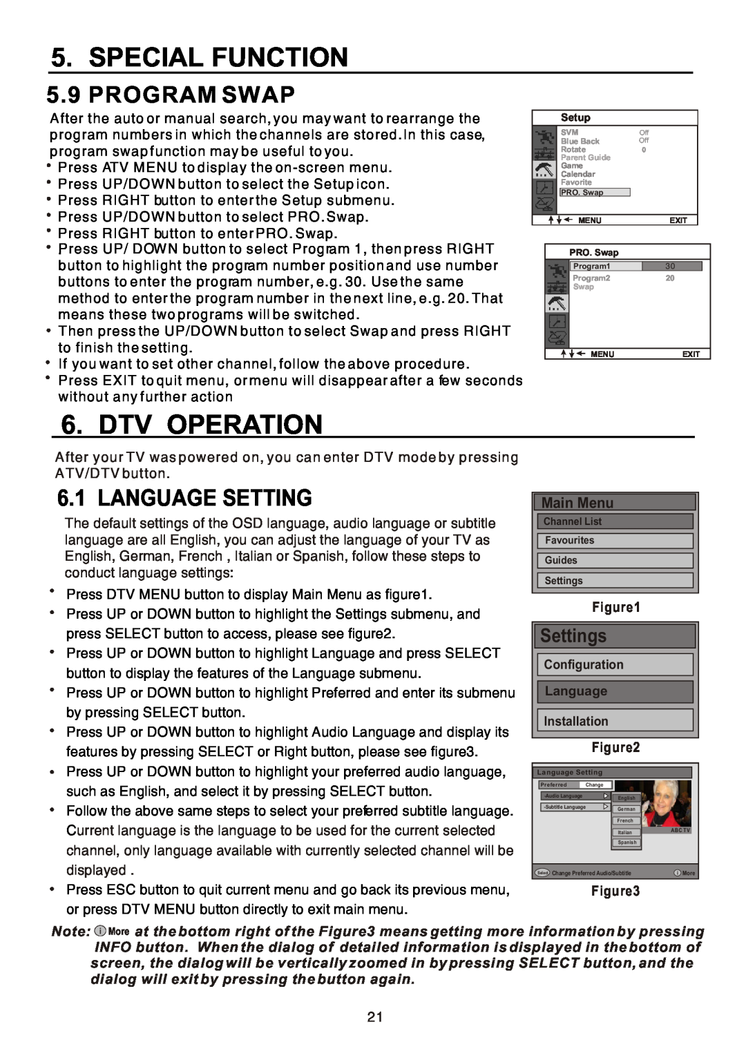 Teac CT-W32ID owner manual Dtv Operation, Program Swap, Language Setting, Settings, Main Menu, Special Function 