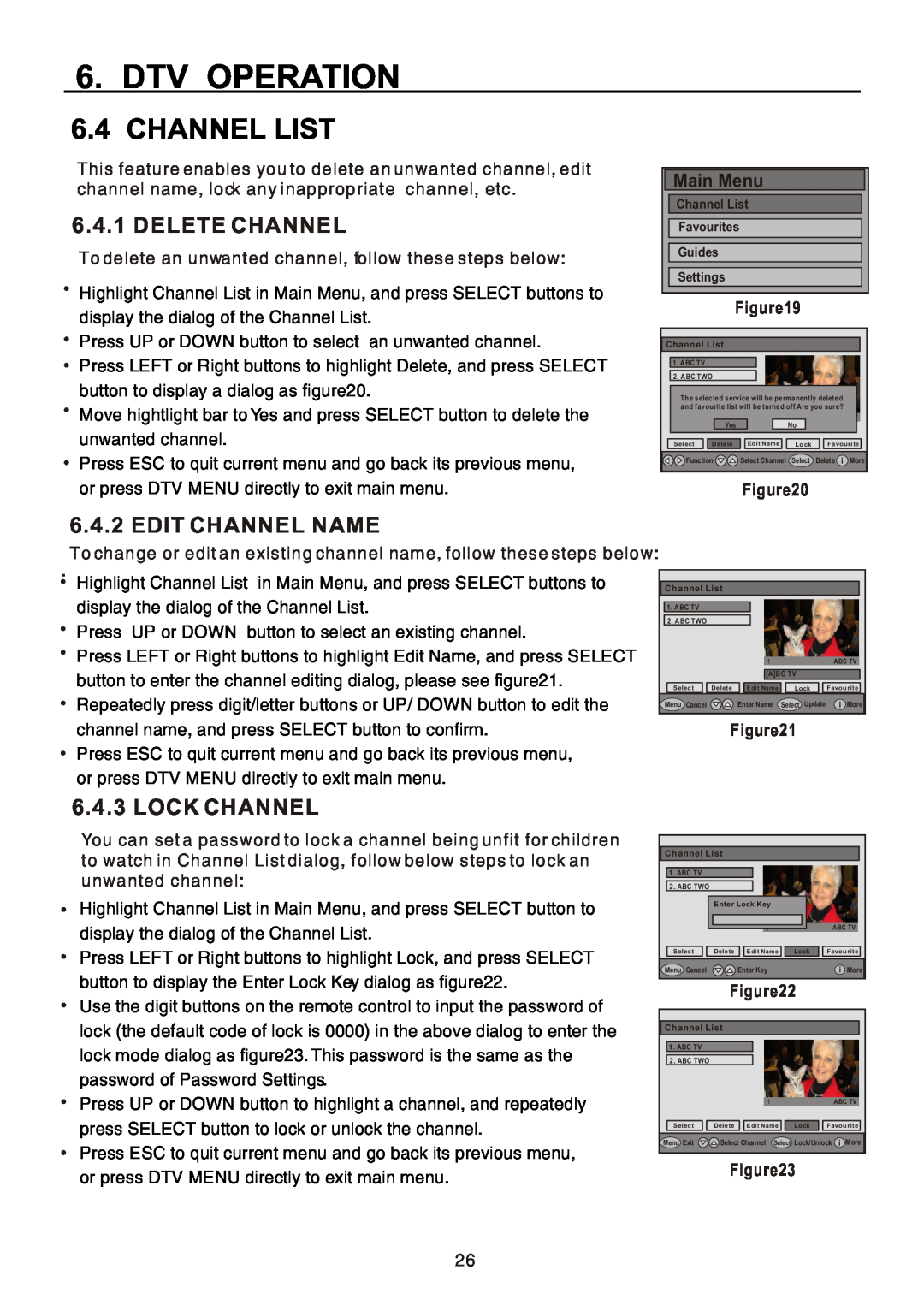 Teac CT-W32ID owner manual Channel List, Delete Channel, Edit Channel Name, Lock Channel, Dtv Operation, Main Menu 