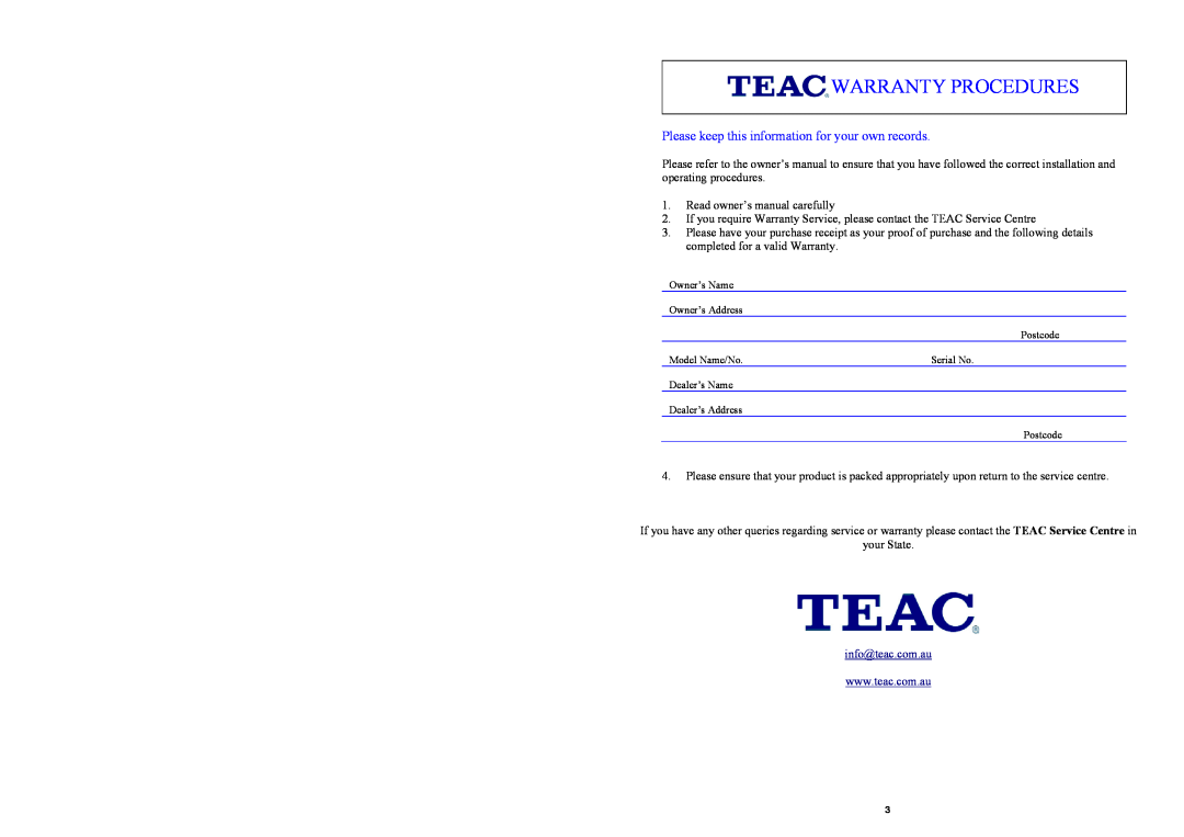 Teac CT-W32ID owner manual Warranty Procedures, Please keep this information for your own records, info@teac.com.au 