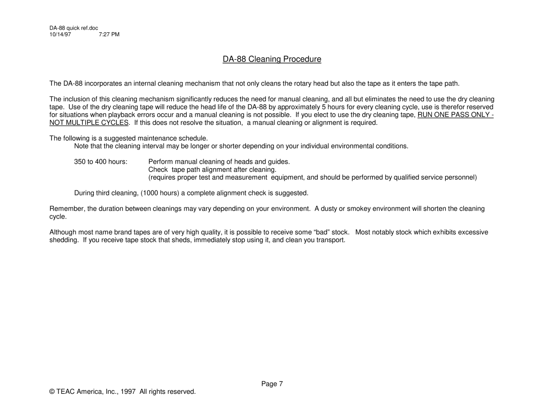 Teac manual DA-88 Cleaning Procedure 