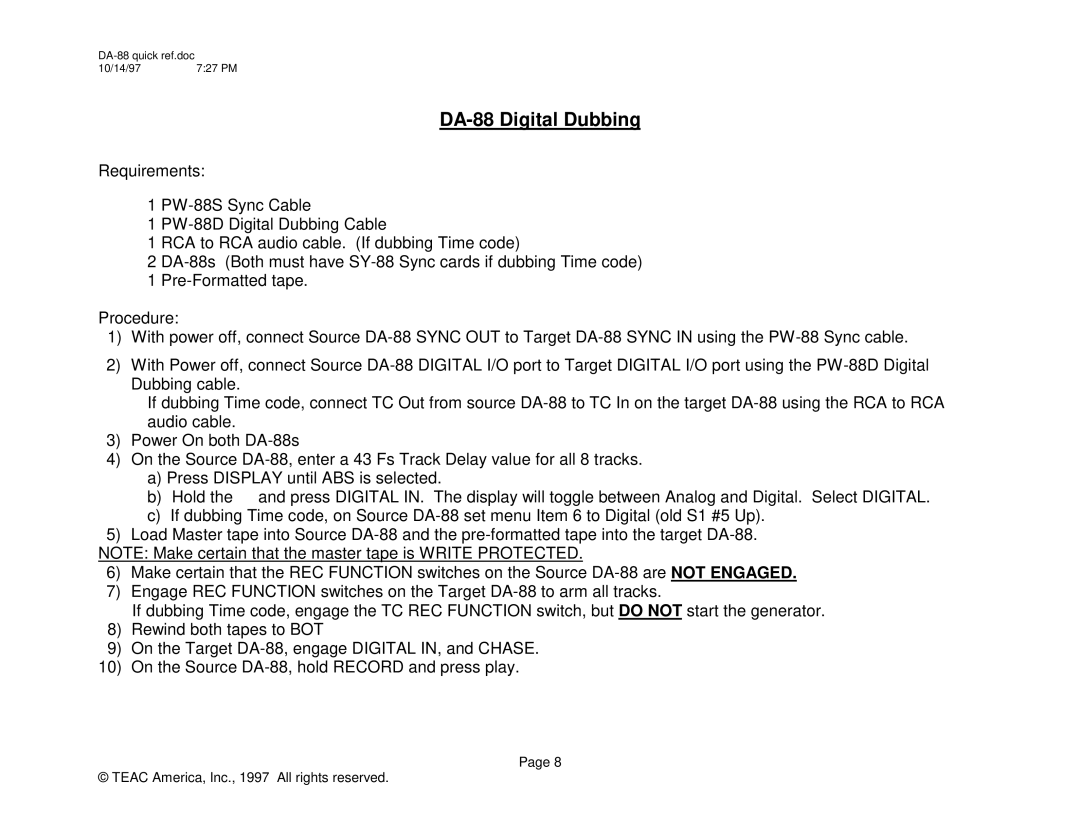 Teac manual DA-88 Digital Dubbing 