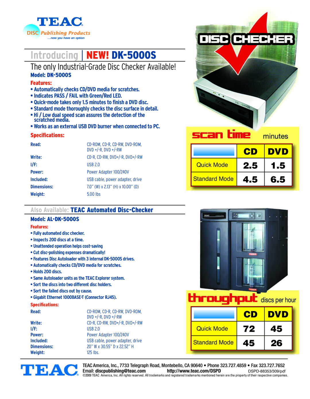 Teac specifications Introducing NEW! DK-5000S, Only Industrial-Grade Disc Checker Available, Features, Specifications 