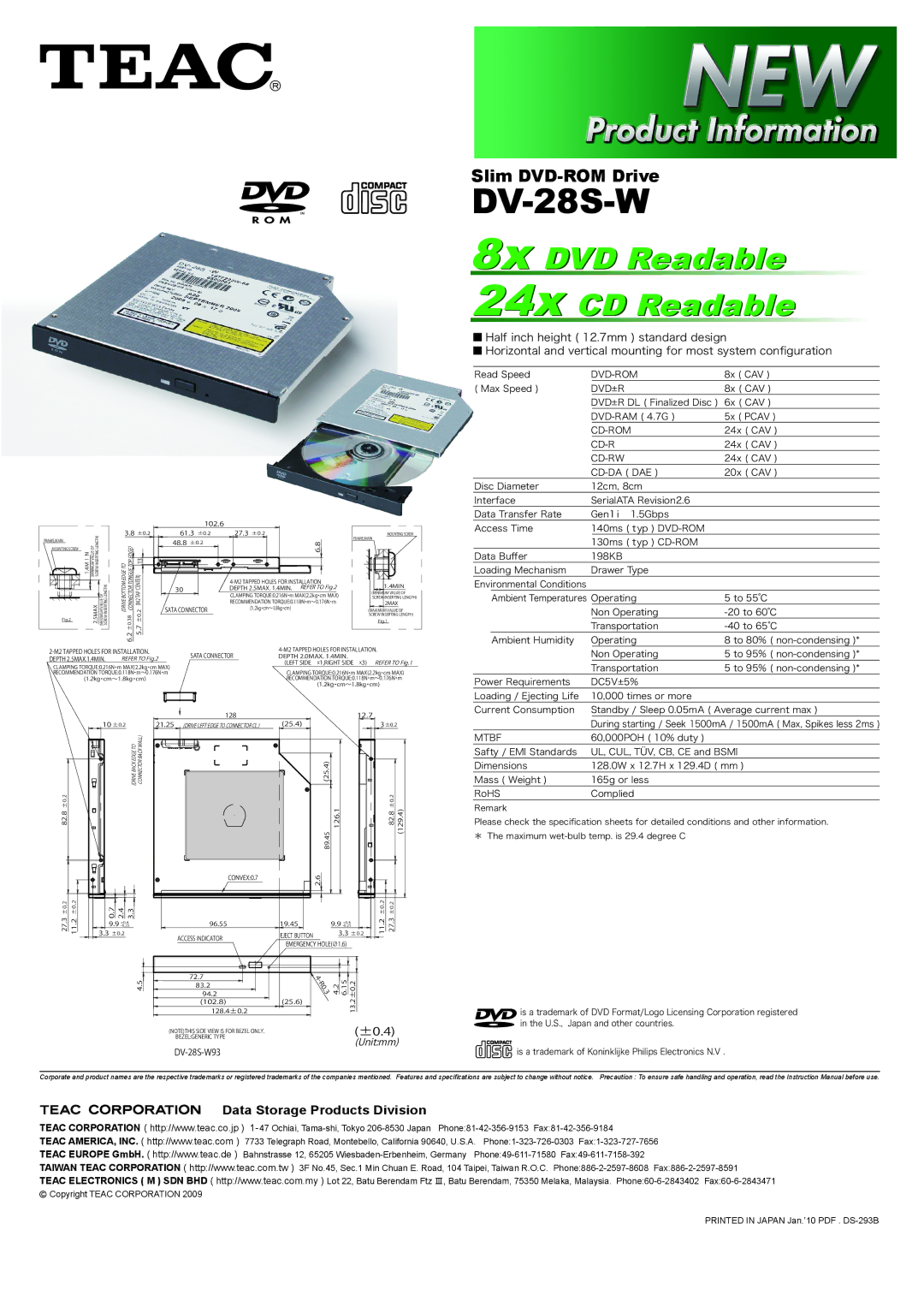 Teac DV-28S-W specifications Dvd-Rom, Dvd±R, Cd-Rom, Cd-Rw, Mtbf 