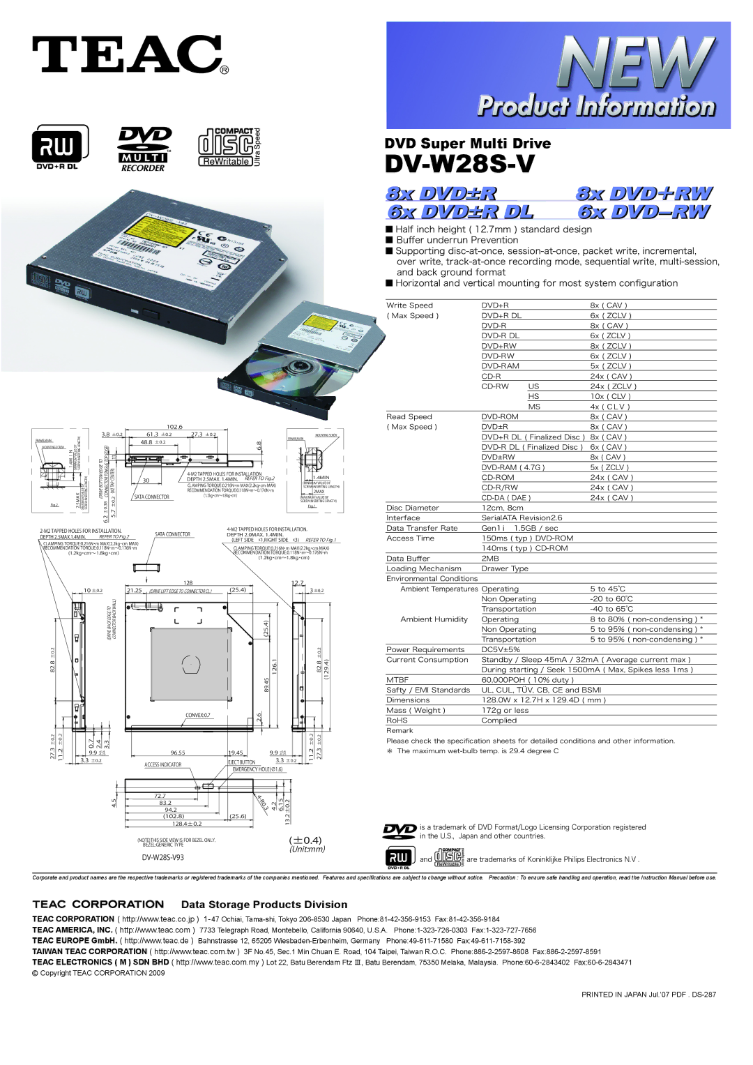 Teac DV-W28S-V specifications Dvd+R Dl, Dvd-R Dl, Dvd+Rw, Dvd-Rw, Dvd-Ram, Cd-Rw, Dvd-Rom, Dvd±Rw, Cd-Rom 