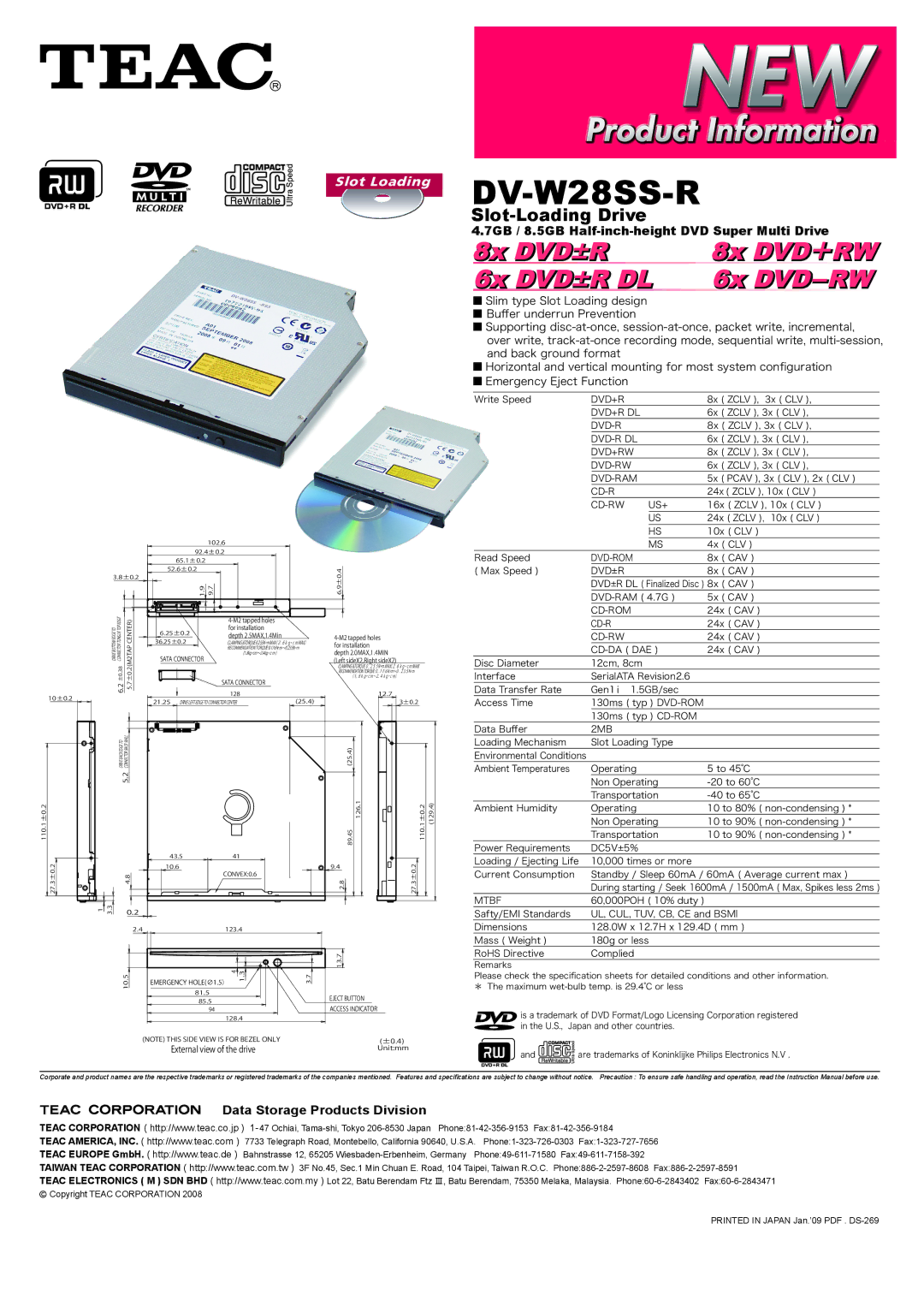 Teac DV-W28SS-R specifications 8x DVD±R 8x DVD＋RW 6x DVD±R DL 6x DVD-RW 