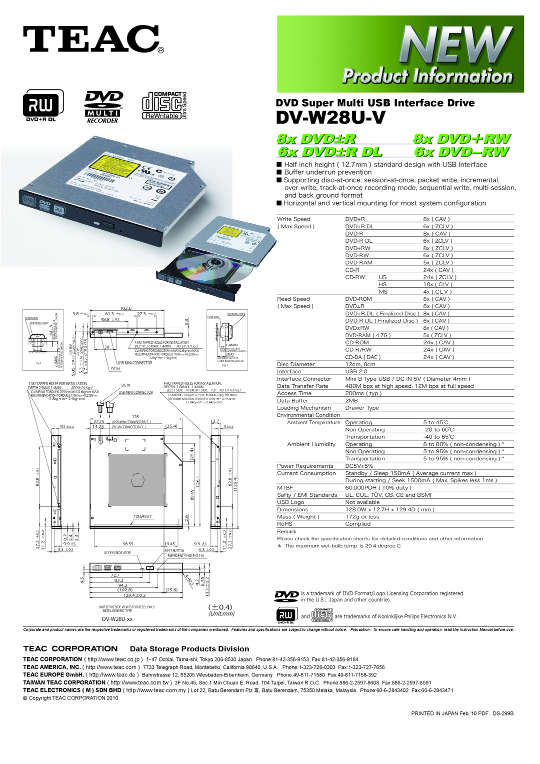 Teac DV-W28U-V specifications 8x DVD ±R, 8x DVD ＋RW, 6x DVD ±R DL, 6x DVD -RW, DVD Super Multi USB Interface Drive, ±0.4 