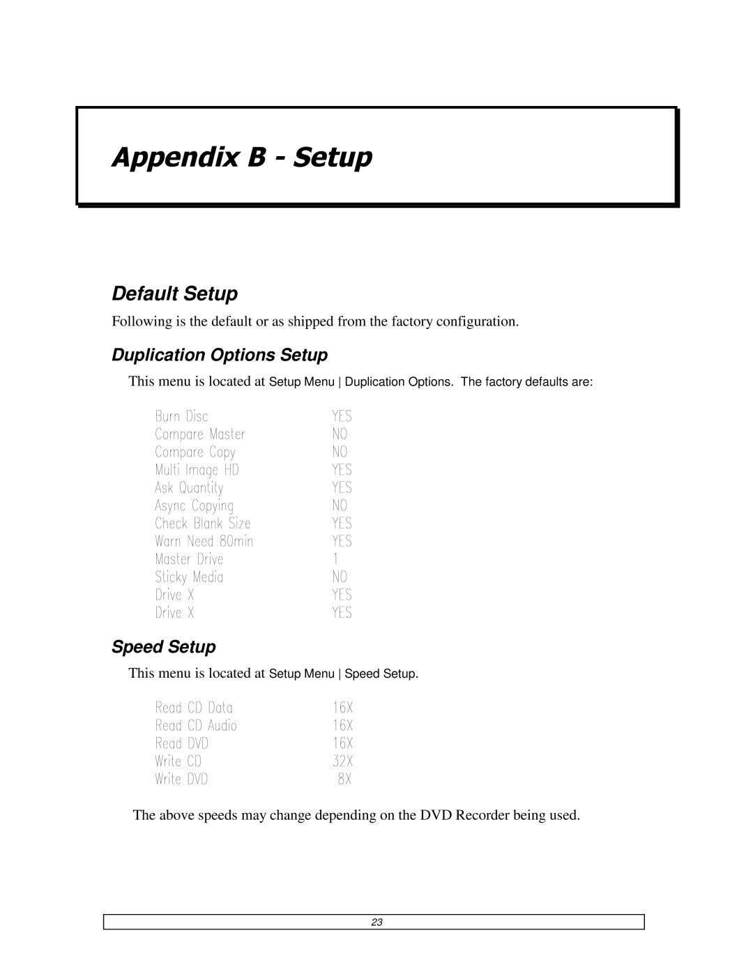 Teac DVDPublisher/2 user manual Appendix B Setup, Default Setup, Duplication Options Setup 