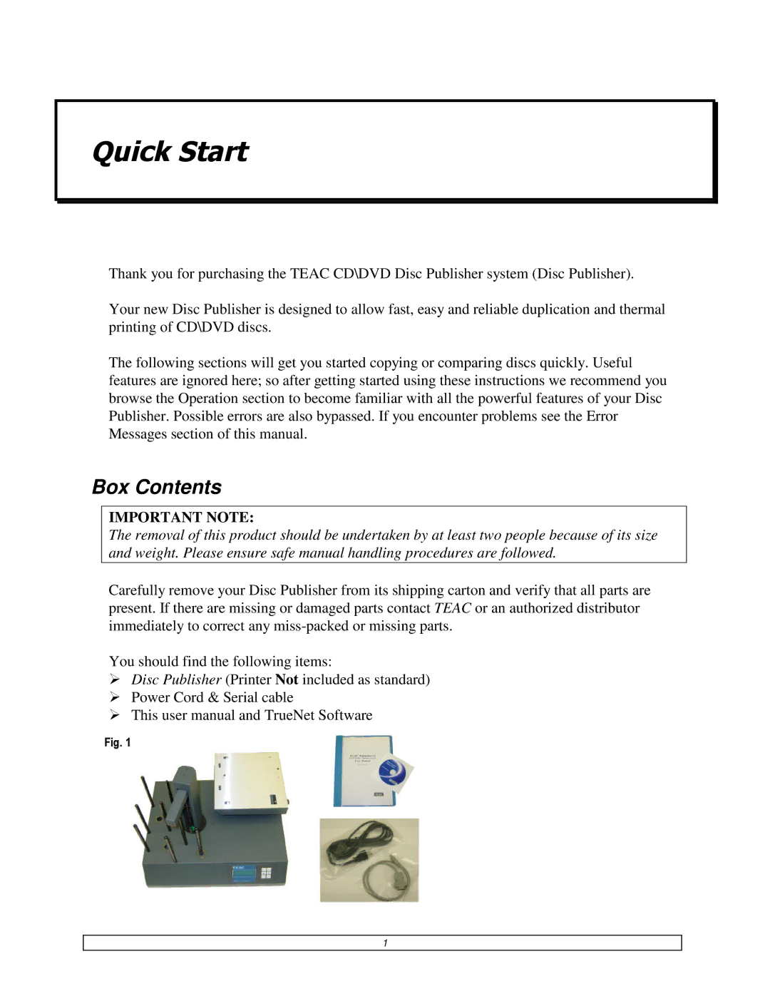 Teac DVDPublisher/2 user manual Quick Start, Box Contents 