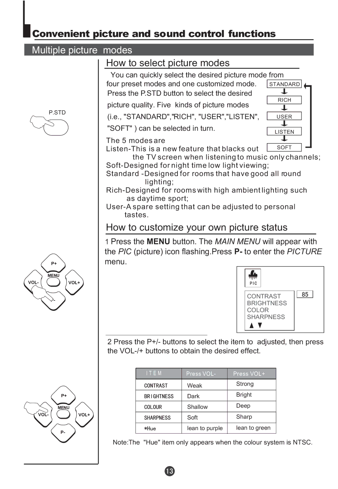 Teac DVTV5190F Convenient picture and sound control functions, Multiple picture modes, How to select picture modes 