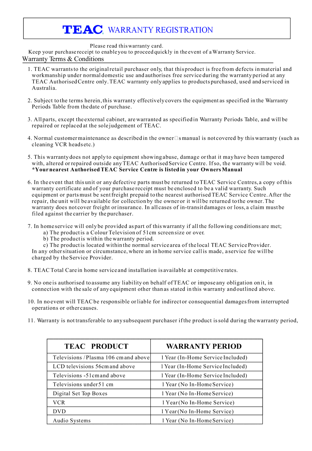 Teac DVTV5190F owner manual Teac Product Warranty Period 