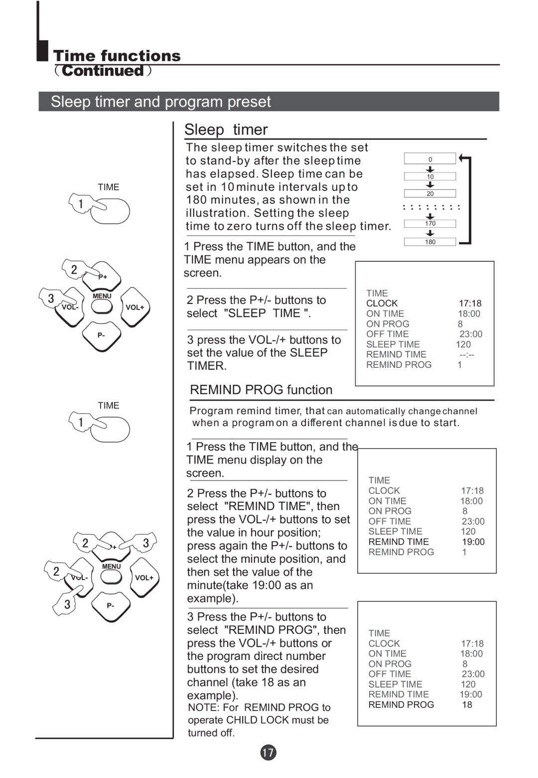 Teac DVTV5190F owner manual Sleep timer and program preset, Remind Prog function 