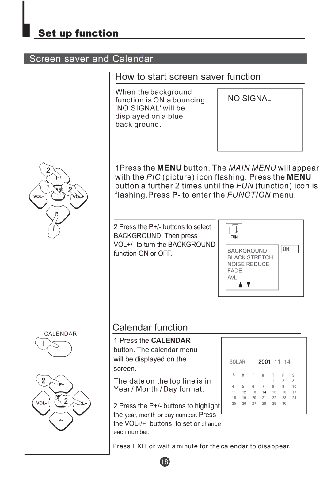 Teac DVTV5190F Set up function, Screen saver and Calendar, How to start screen saver function, Calendar function 