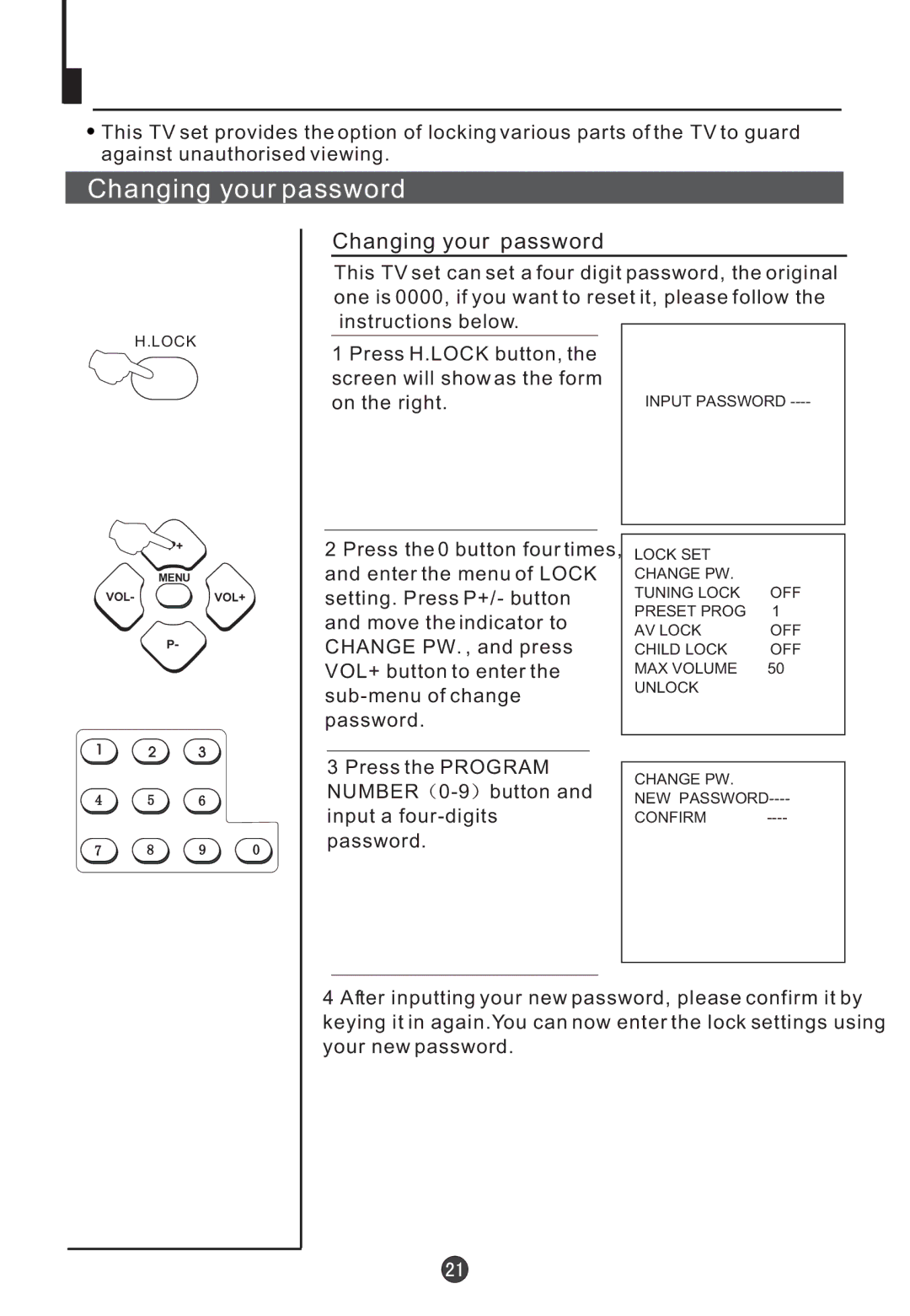 Teac DVTV5190F owner manual Setting the Lock, Changing your password 