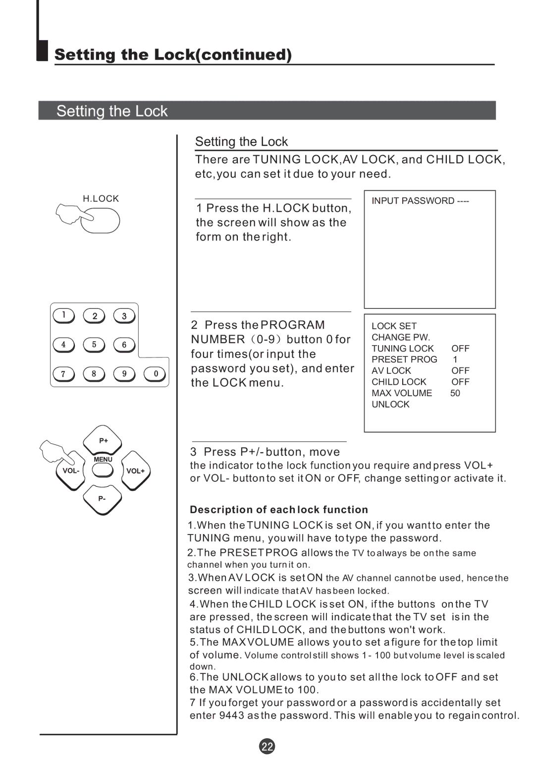 Teac DVTV5190F owner manual Setting the Lock 