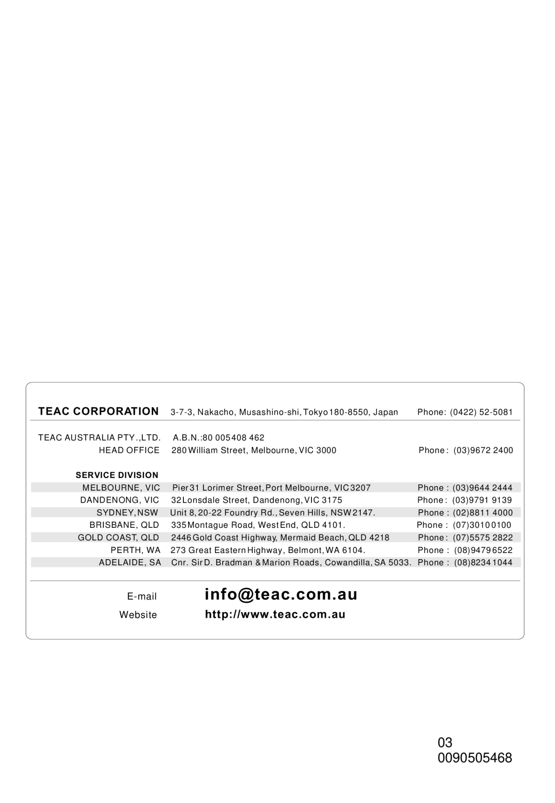 Teac DVTV5190F owner manual Mailinfo@teac.com.au, 0090505468 