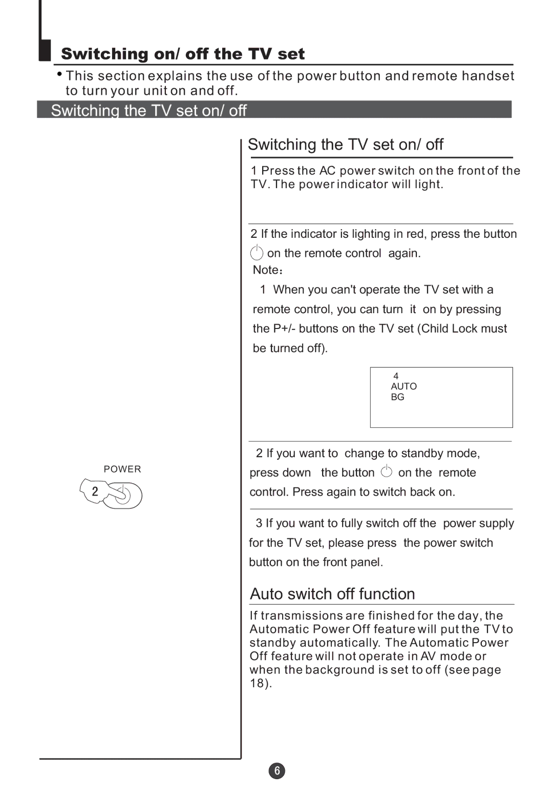 Teac DVTV5190F owner manual Switching on/ off the TV set, Switching the TV set on/ off, Auto switch off function 