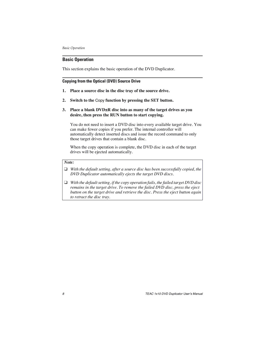 Teac DVW-D110H user manual Basic Operation, Copying from the Optical DVD Source Drive 