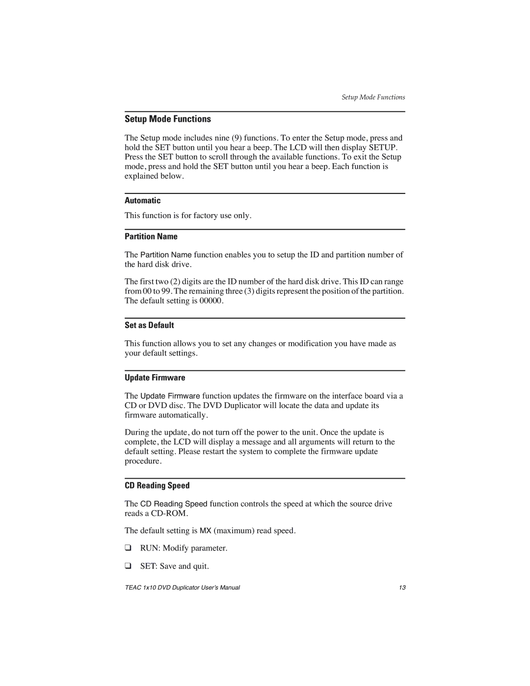 Teac DVW-D110H user manual Setup Mode Functions 