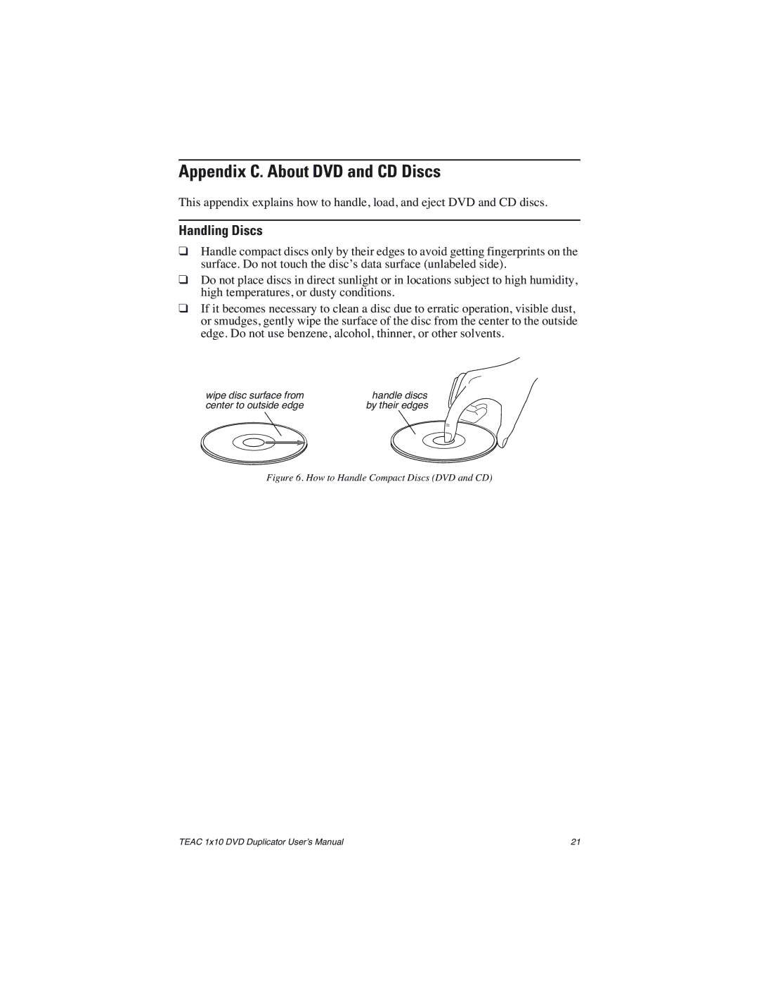 Teac DVW-D110H user manual Appendix C. About DVD and CD Discs, Handling Discs 