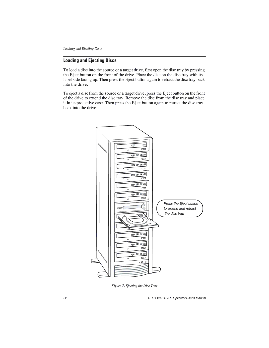 Teac DVW-D110H user manual Loading and Ejecting Discs, Ejecting the Disc Tray 