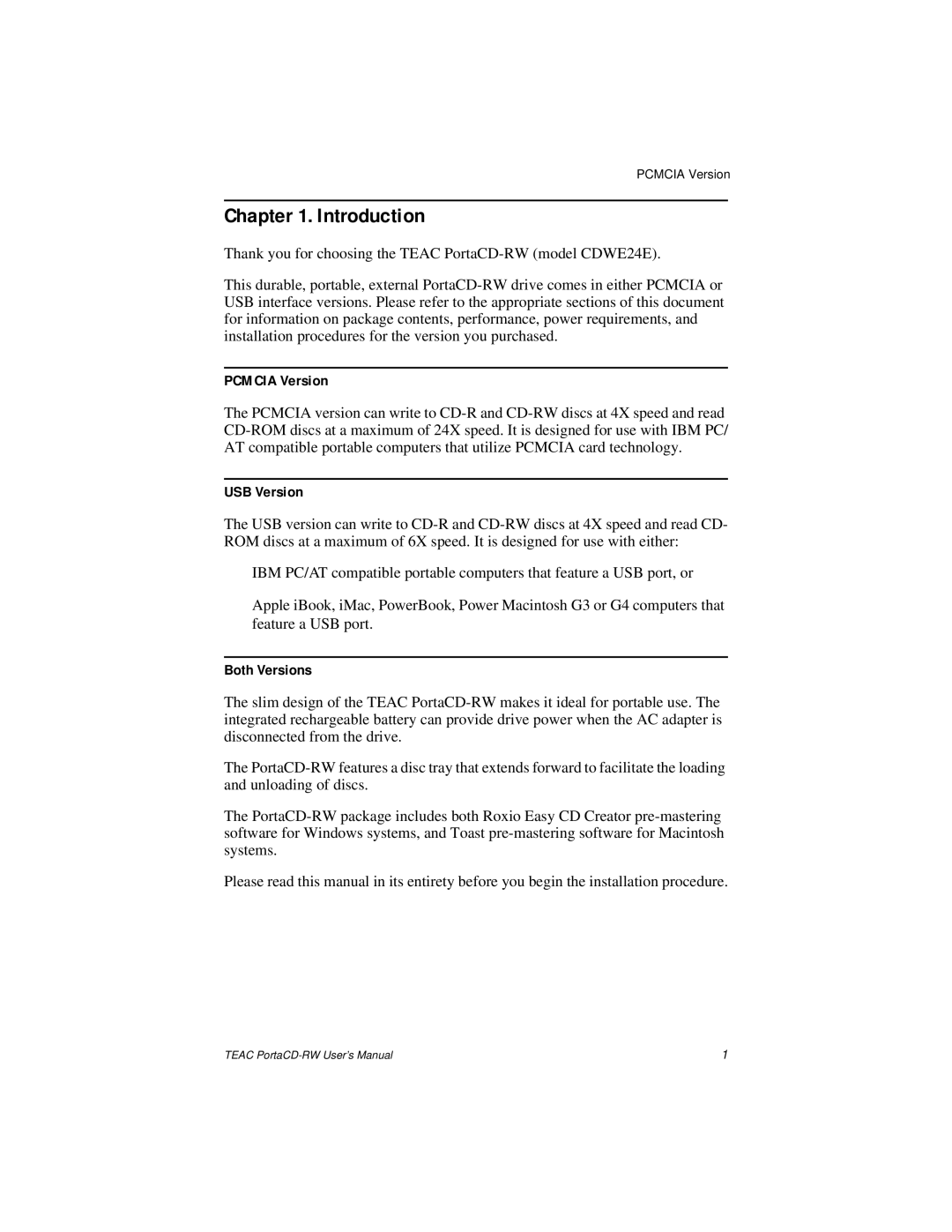 Teac E24E user manual Introduction, Pcmcia Version, USB Version, Both Versions 