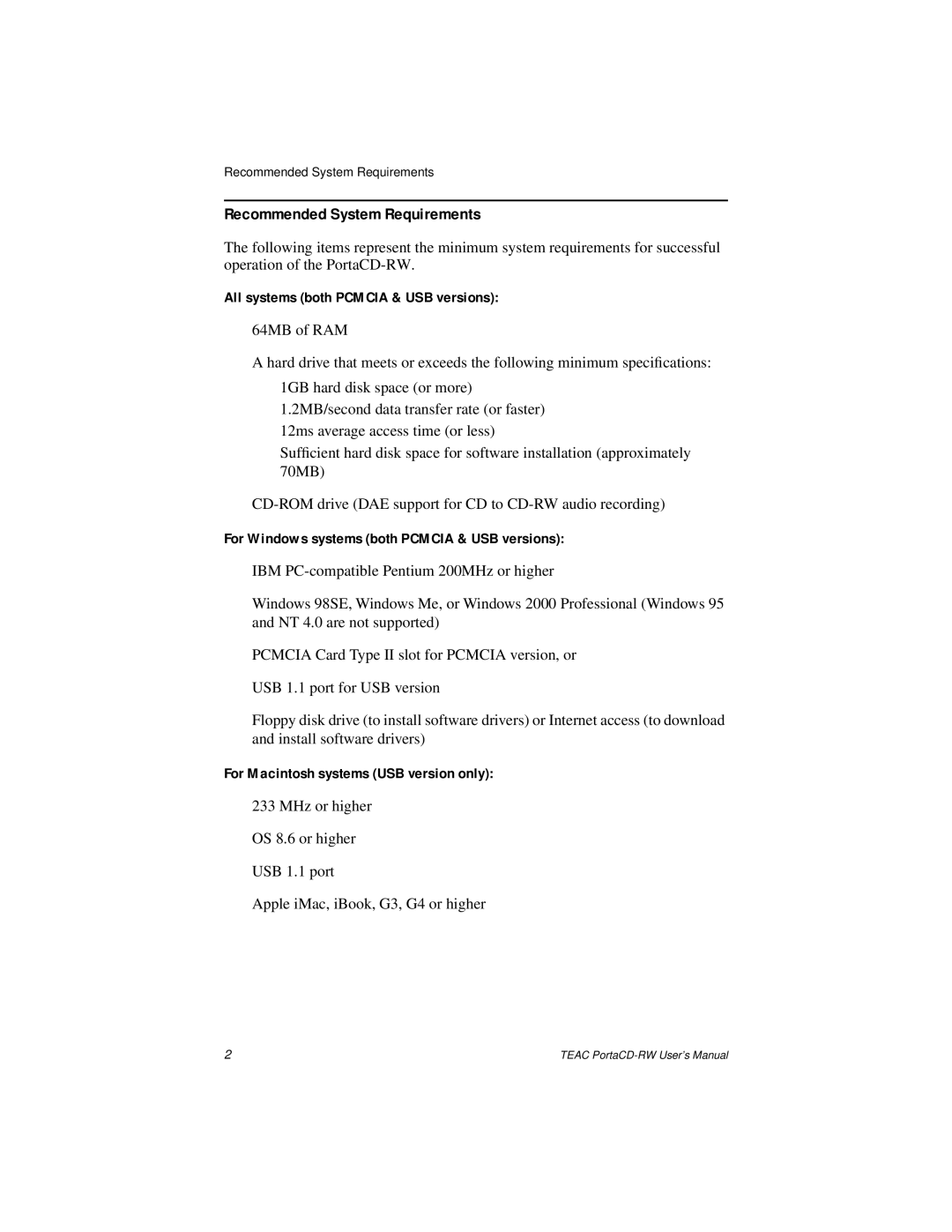 Teac E24E Recommended System Requirements, All systems both Pcmcia & USB versions, For Macintosh systems USB version only 