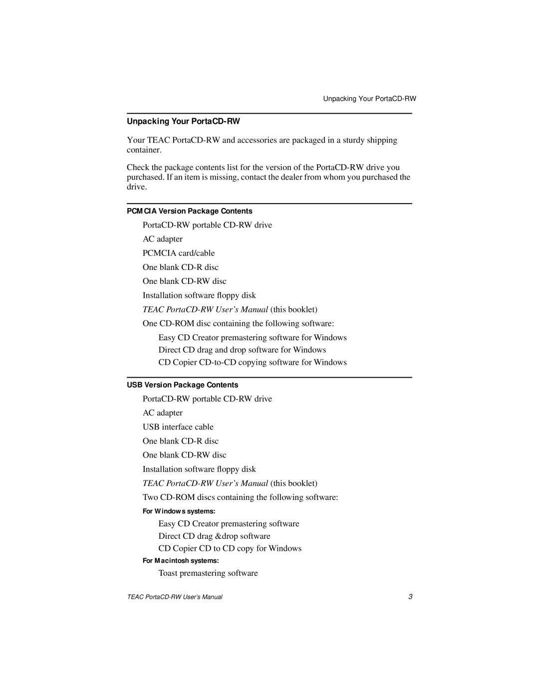 Teac E24E user manual Unpacking Your PortaCD-RW, Pcmcia Version Package Contents, USB Version Package Contents 