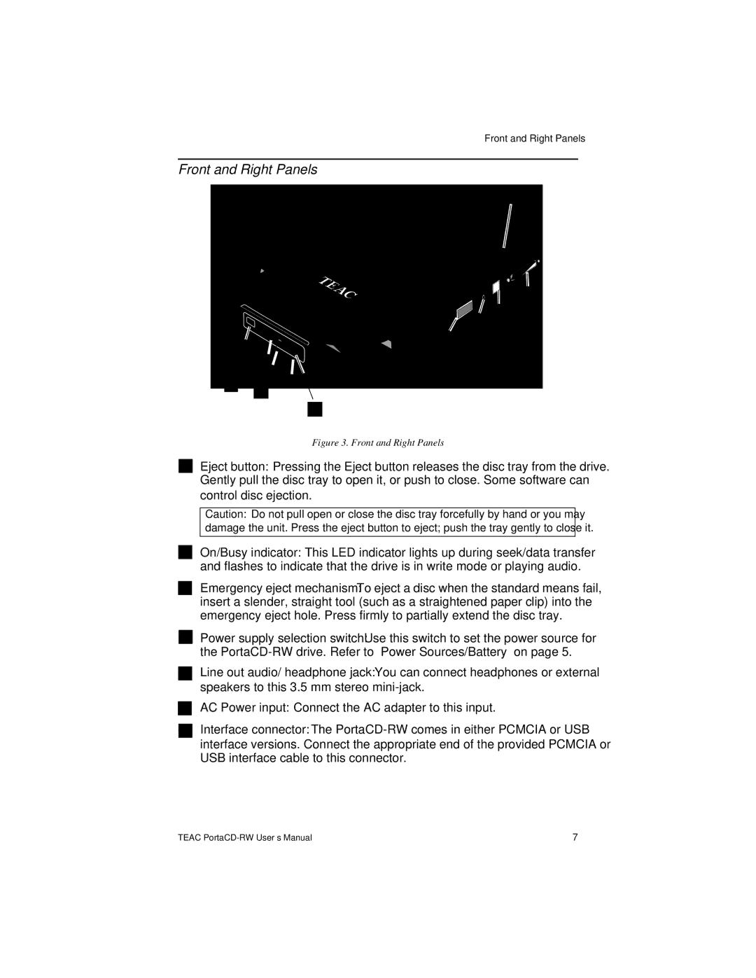 Teac E24E user manual Front and Right Panels 