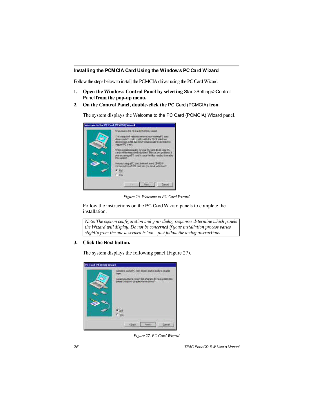 Teac E24E user manual Installing the Pcmcia Card Using the Windows PC Card Wizard, Welcome to PC Card Wizard 