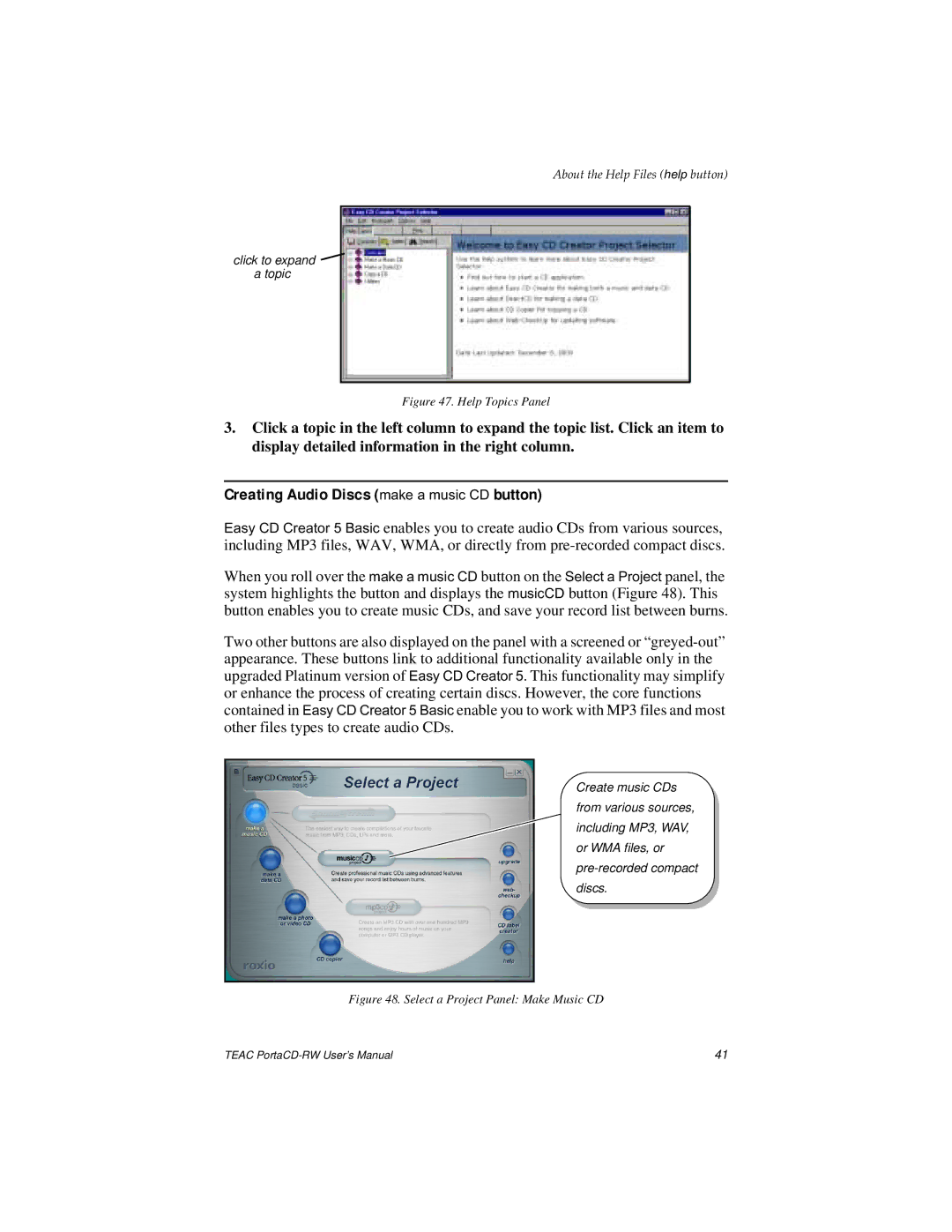 Teac E24E user manual Creating Audio Discs make a music CD button, Help Topics Panel 