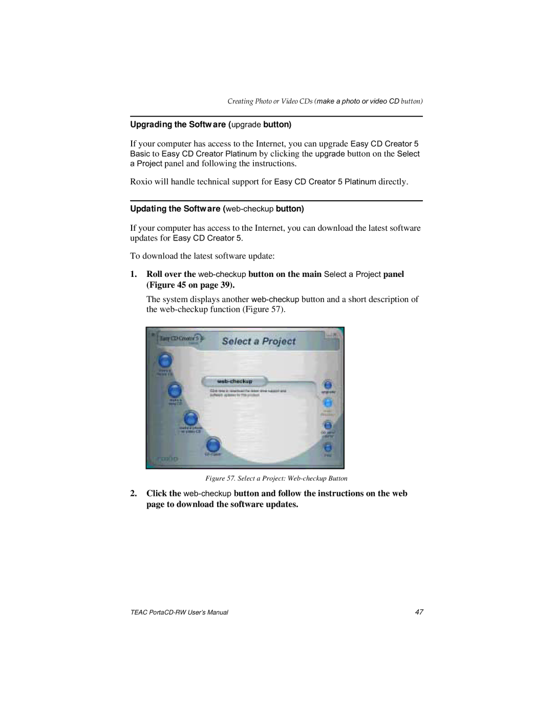 Teac E24E user manual Upgrading the Software upgrade button, Updating the Software web-checkupbutton 