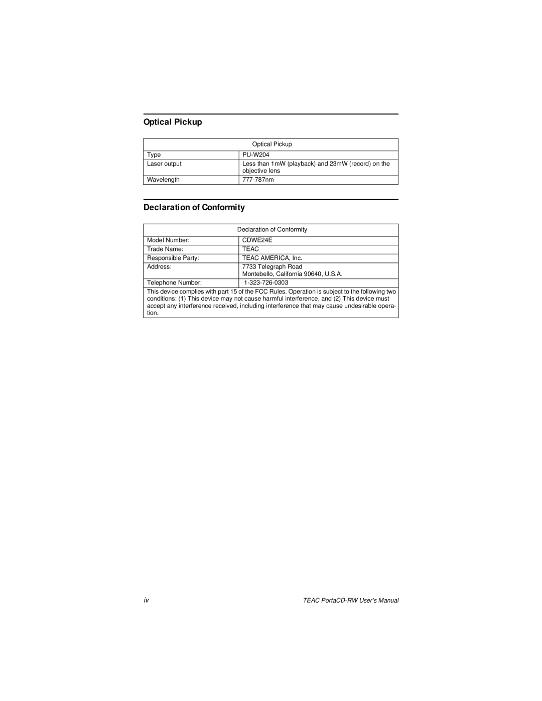 Teac E24E user manual Optical Pickup, Declaration of Conformity 