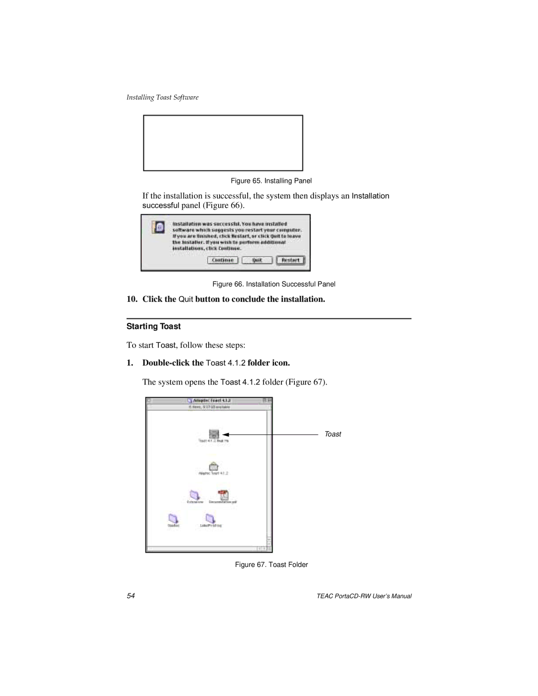 Teac E24E Starting Toast, Click the Quit button to conclude the installation, Double-click the Toast 4.1.2 folder icon 