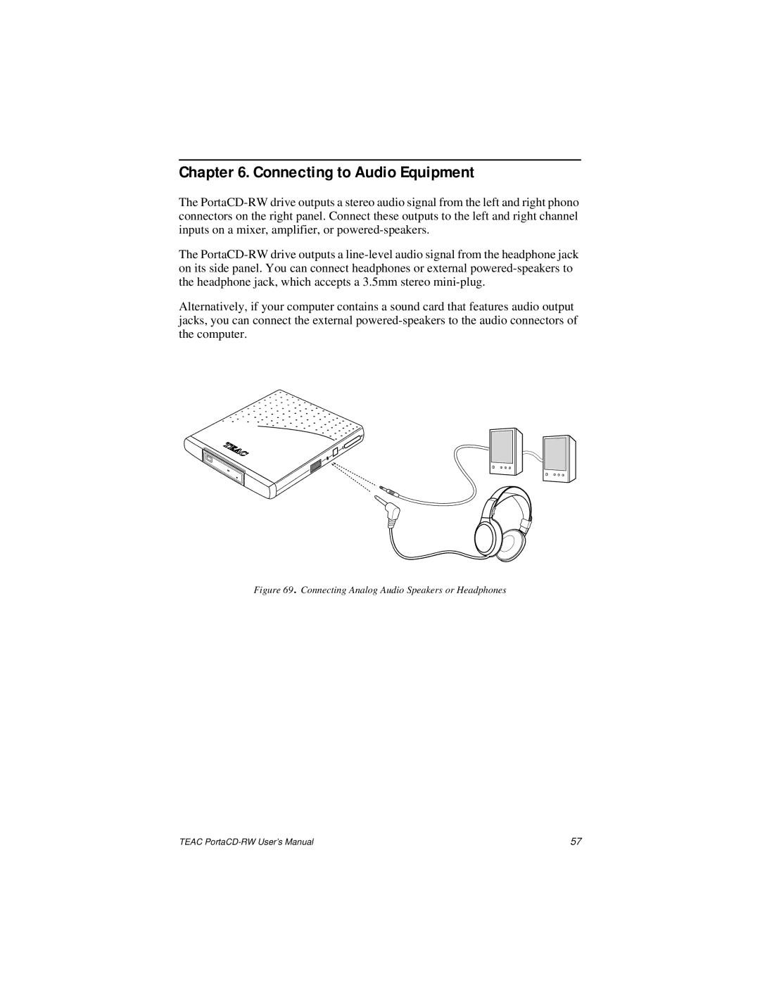 Teac E24E user manual Connecting to Audio Equipment, Connecting Analog Audio Speakers or Headphones 