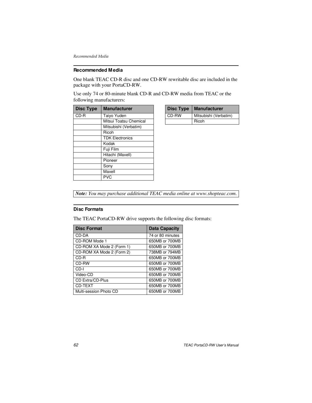 Teac E24E user manual Recommended Media, Disc Formats 