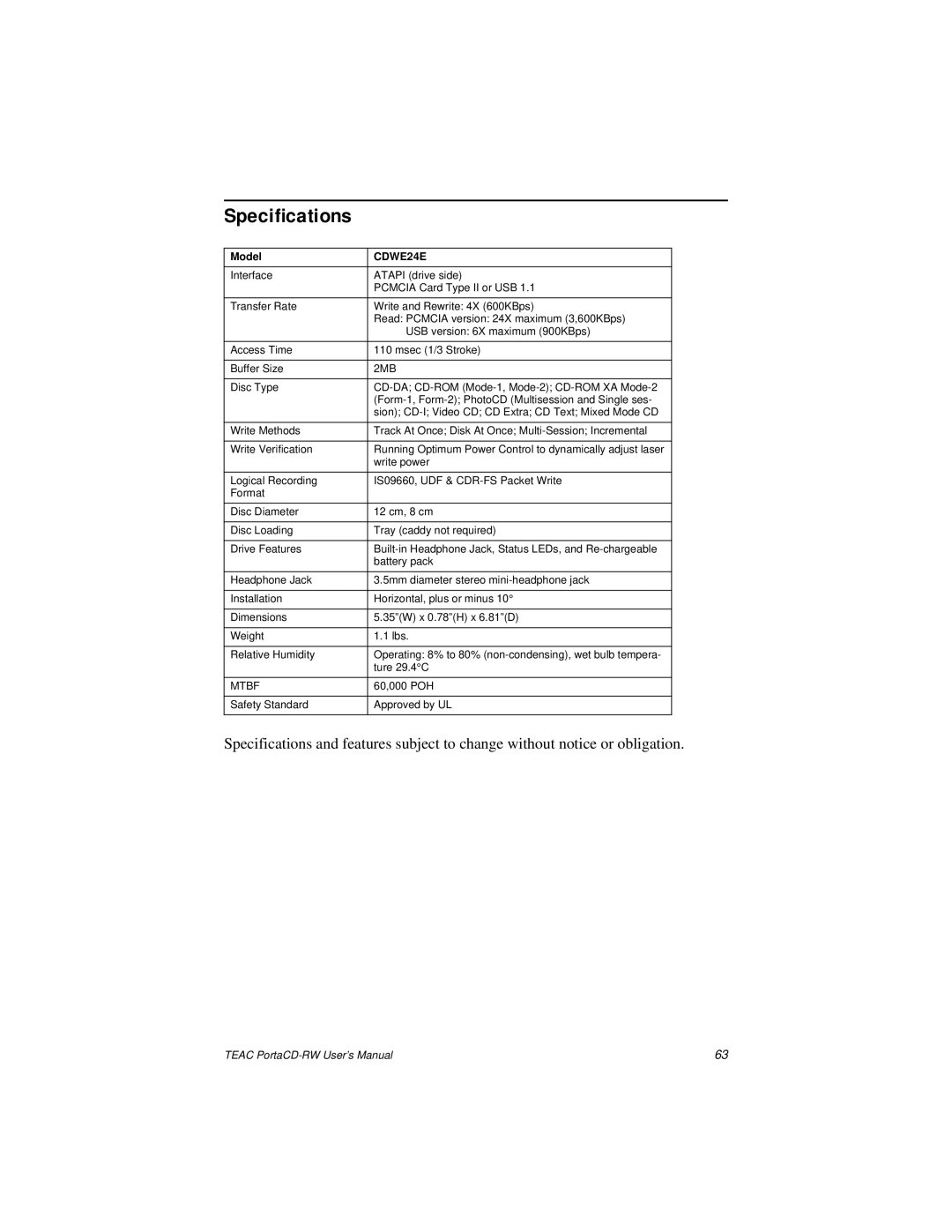 Teac user manual Speciﬁcations, CDWE24E 