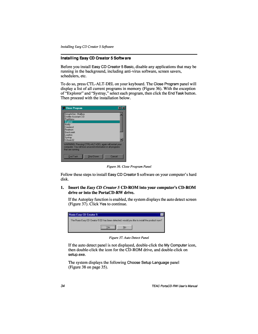 Teac E24E user manual Installing Easy CD Creator 5 Software, Close Program Panel, Auto Detect Panel 