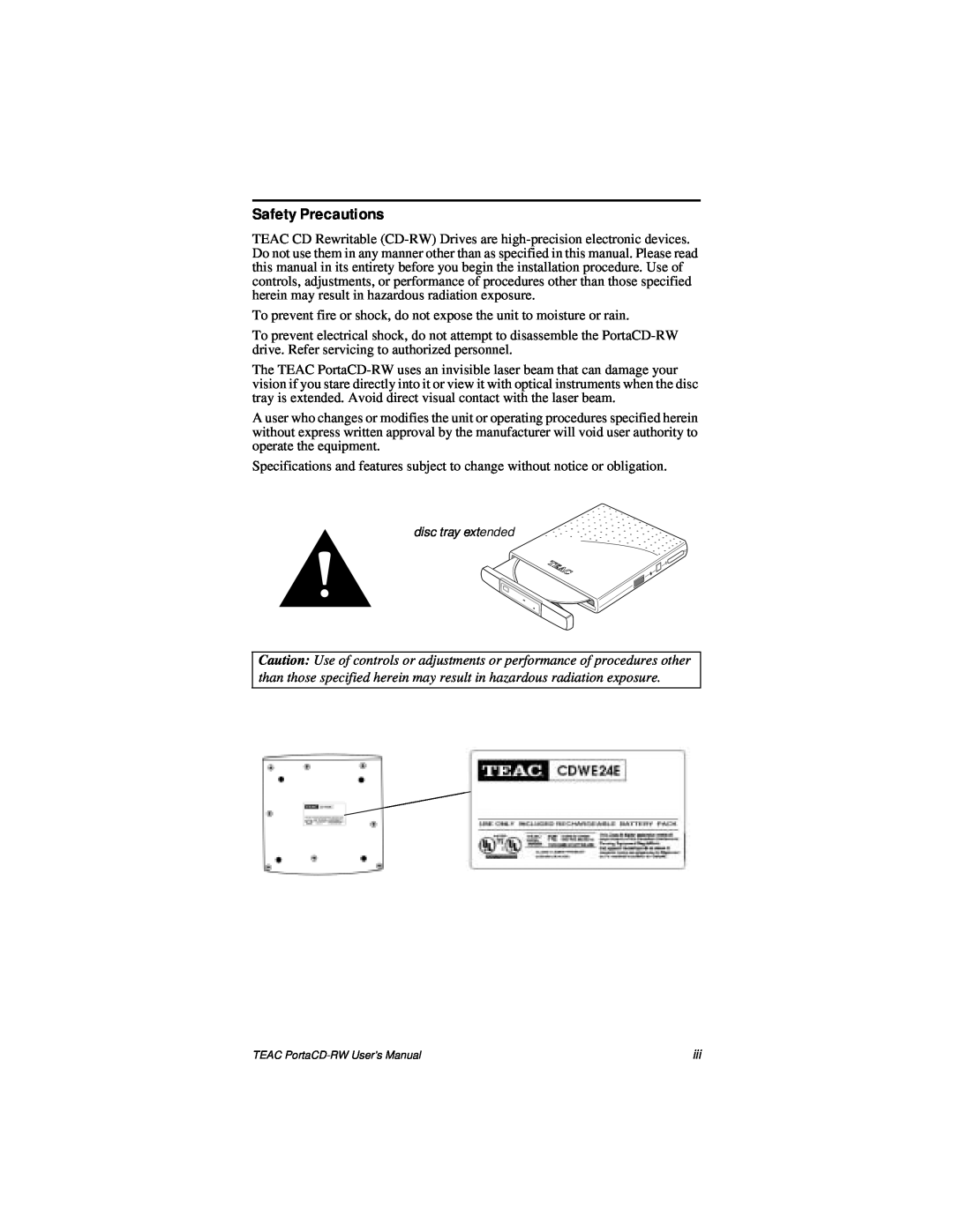 Teac E24E user manual Safety Precautions, disc tray extended 