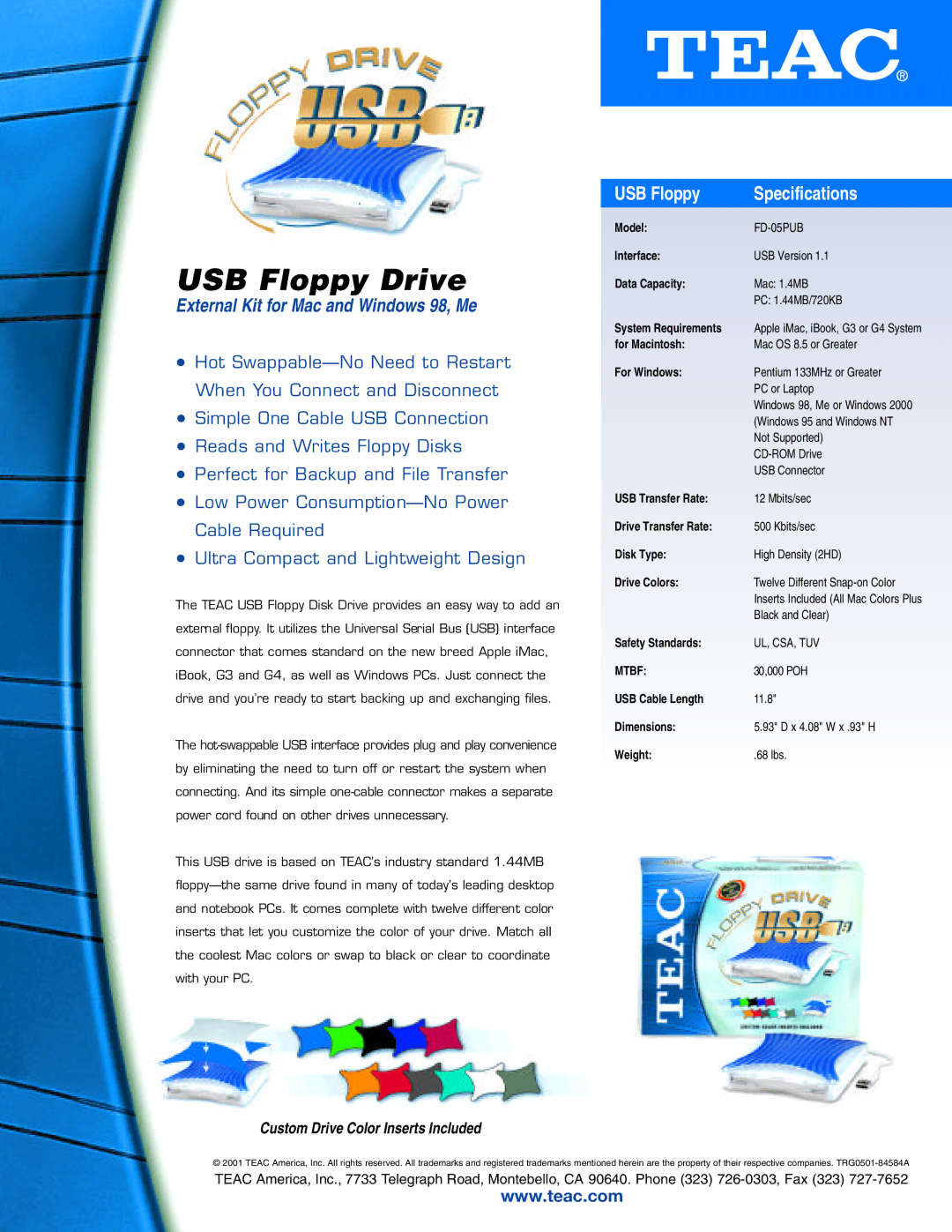 Teac FD-05PUB specifications USB Floppy Drive, External Kit for Mac and Windows 98, Me, USB Floppy Specifications 