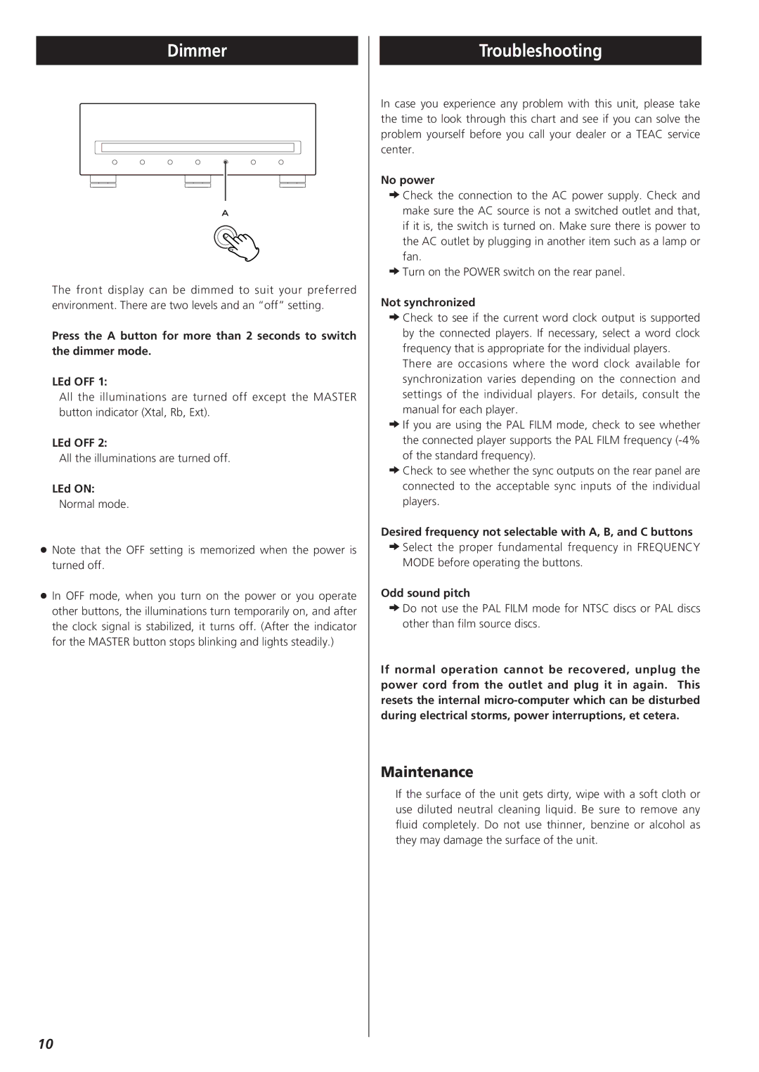 Teac G-0s owner manual Dimmer, Troubleshooting, Maintenance 