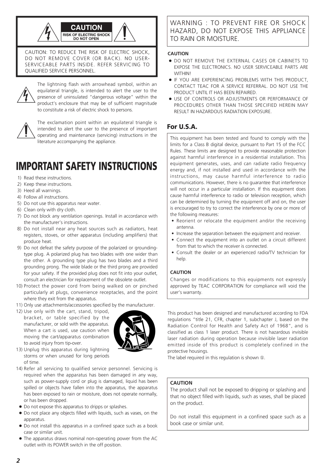 Teac G-0s owner manual Important Safety Instructions, For U.S.A 